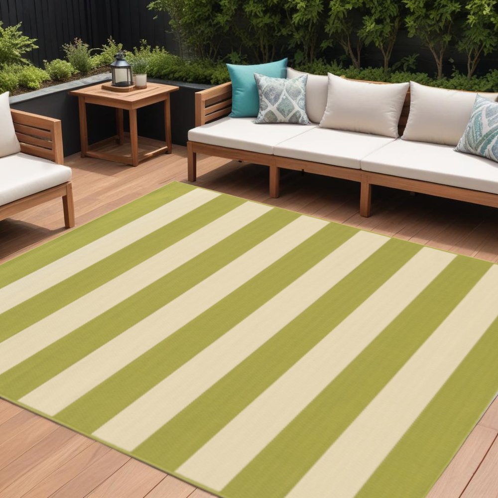9' X 13' Green and Ivory Geometric Stain Resistant Indoor Outdoor Area Rug