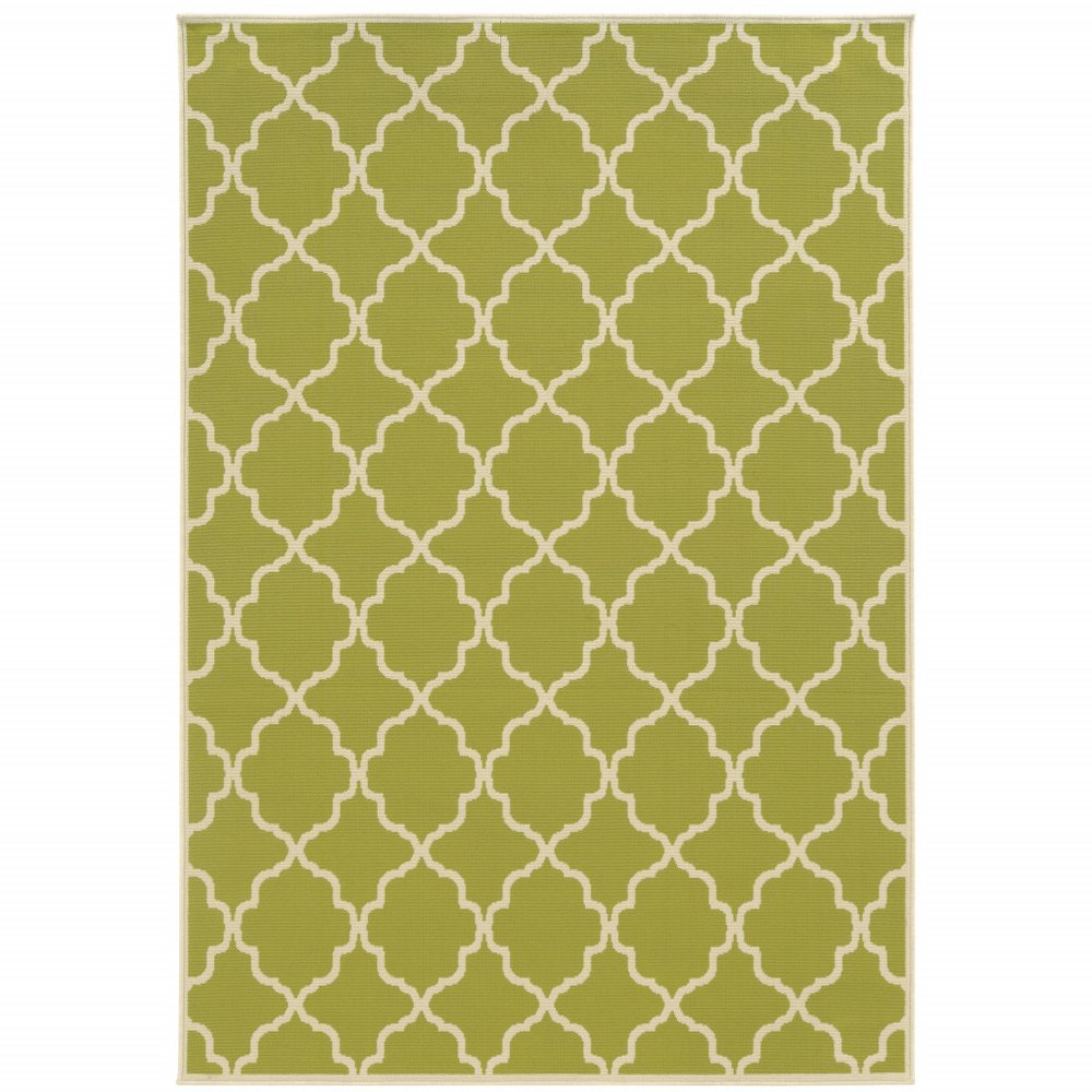 9' X 13' Green and Ivory Geometric Stain Resistant Indoor Outdoor Area Rug