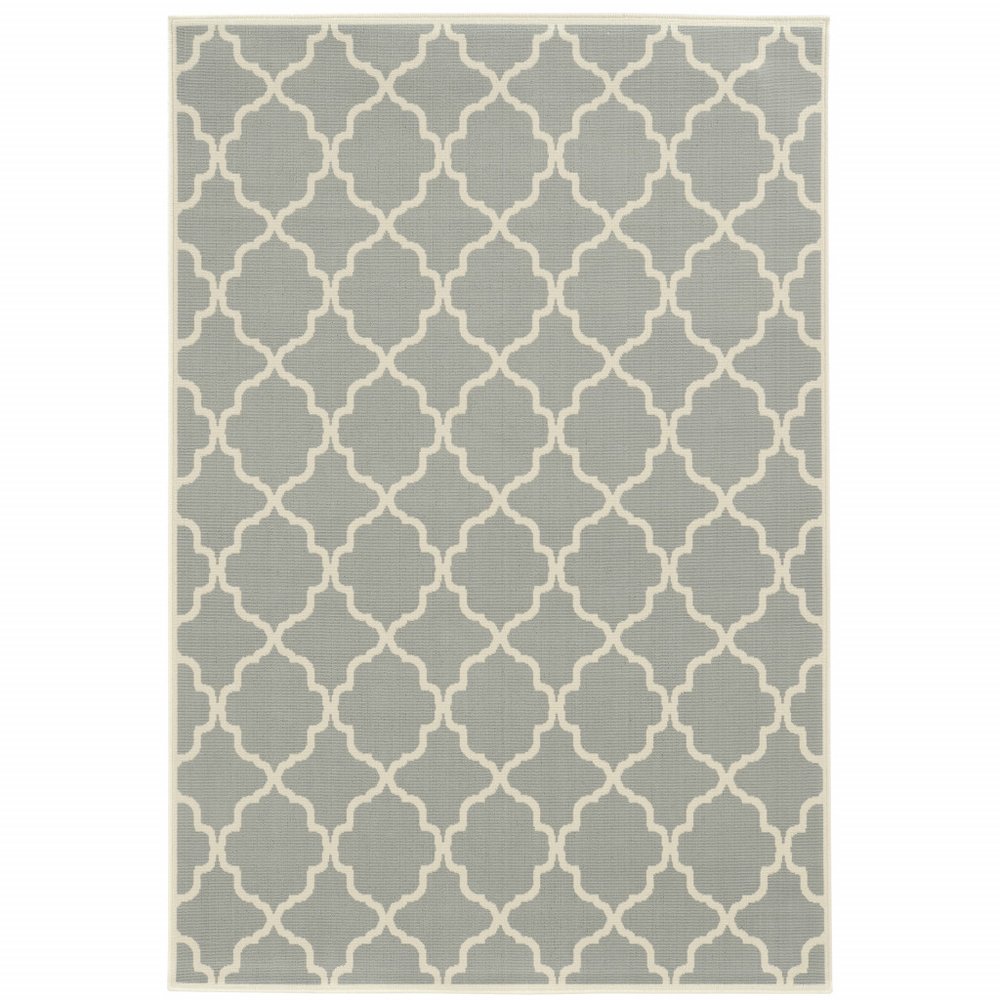 9' X 13' Gray and Ivory Geometric Stain Resistant Indoor Outdoor Area Rug