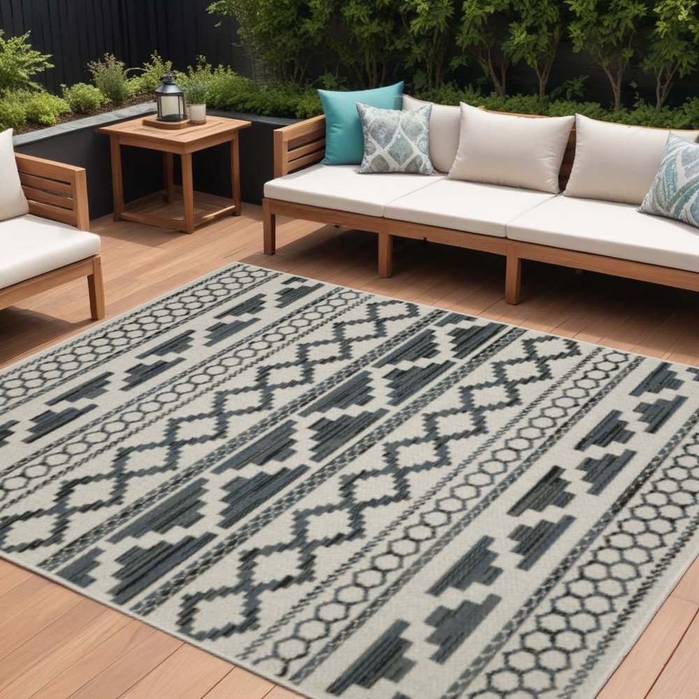 10' X 13' Blue and Beige Geometric Stain Resistant Indoor Outdoor Area Rug