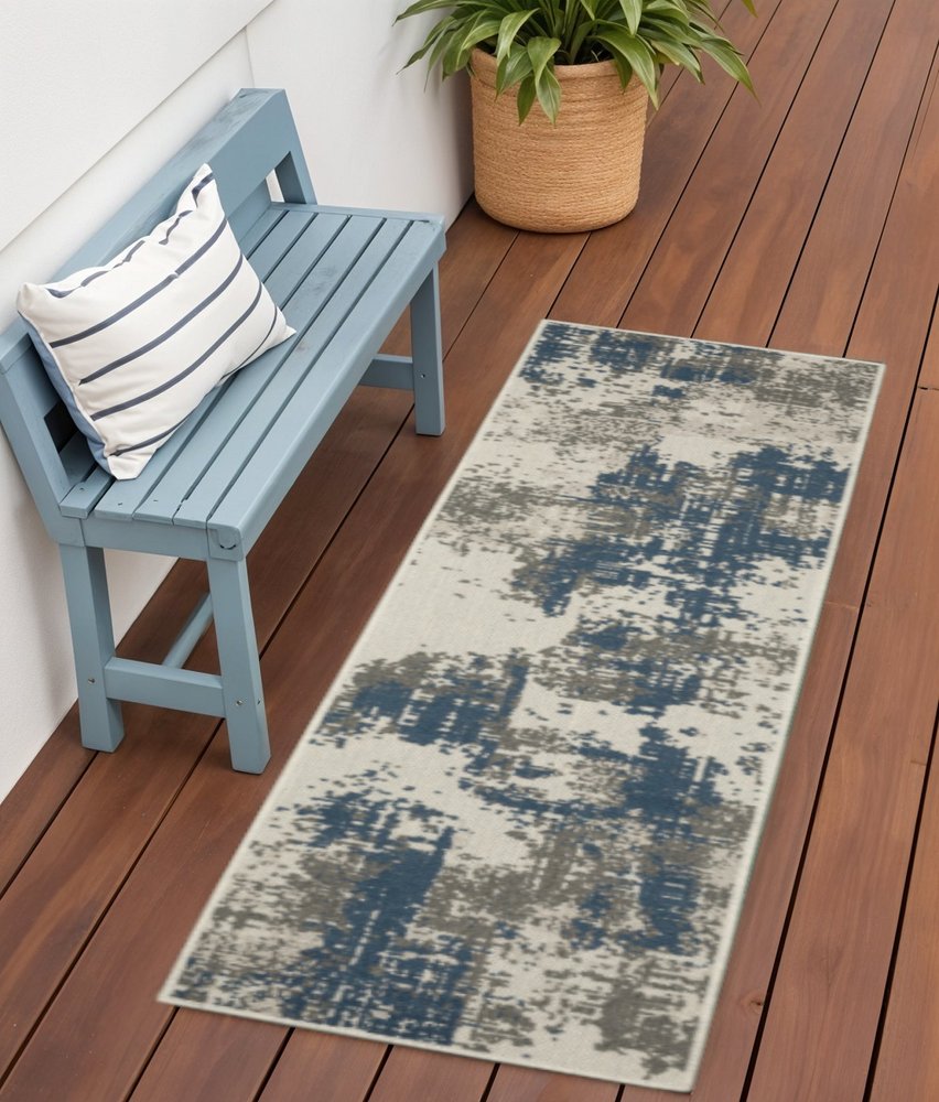 2' X 7' Blue and Beige Abstract Stain Resistant Indoor Outdoor Area Rug