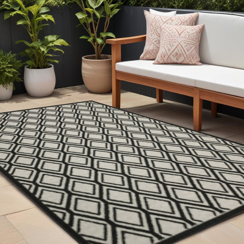8' X 10' Beige and Black Geometric Stain Resistant Indoor Outdoor Area Rug