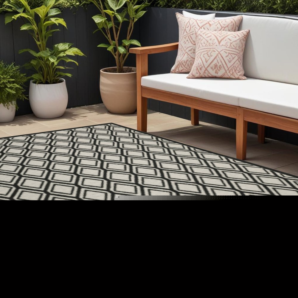 8' X 10' Beige and Black Geometric Stain Resistant Indoor Outdoor Area Rug