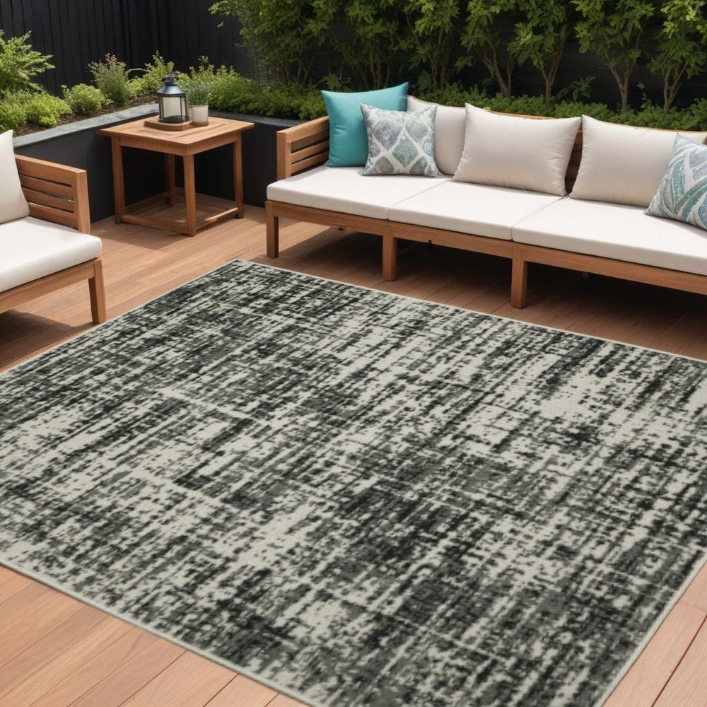 8' X 10' Beige and Black Abstract Stain Resistant Indoor Outdoor Area Rug