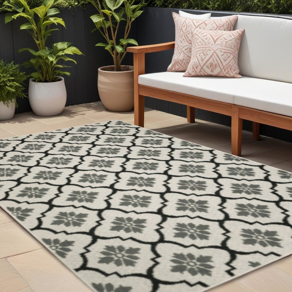 10' X 13' Beige and Black Geometric Stain Resistant Indoor Outdoor Area Rug