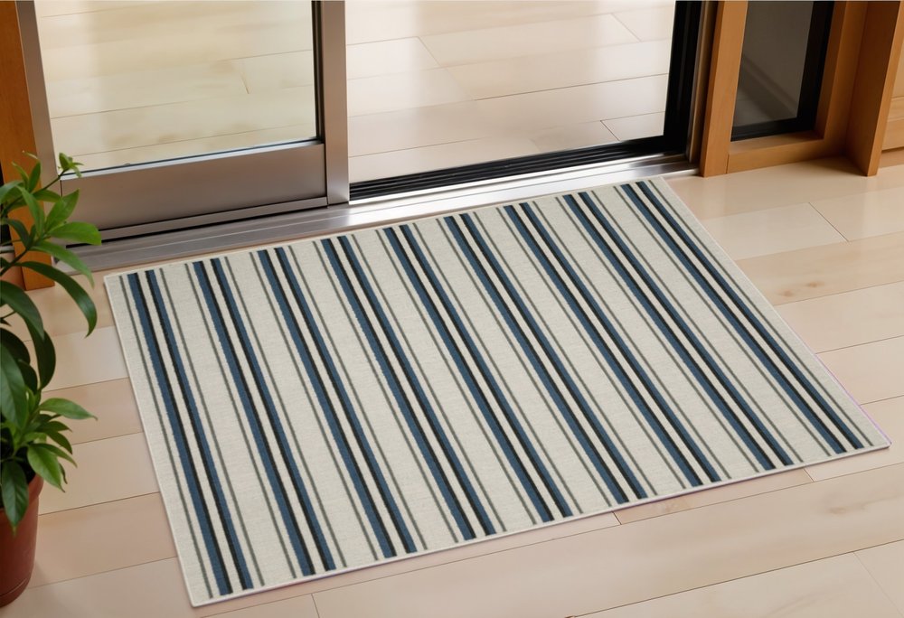 3' X 5' Blue and Beige Geometric Stain Resistant Indoor Outdoor Area Rug