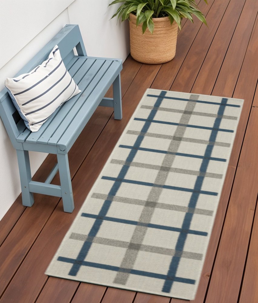 2' X 7' Blue and Beige Geometric Stain Resistant Indoor Outdoor Area Rug