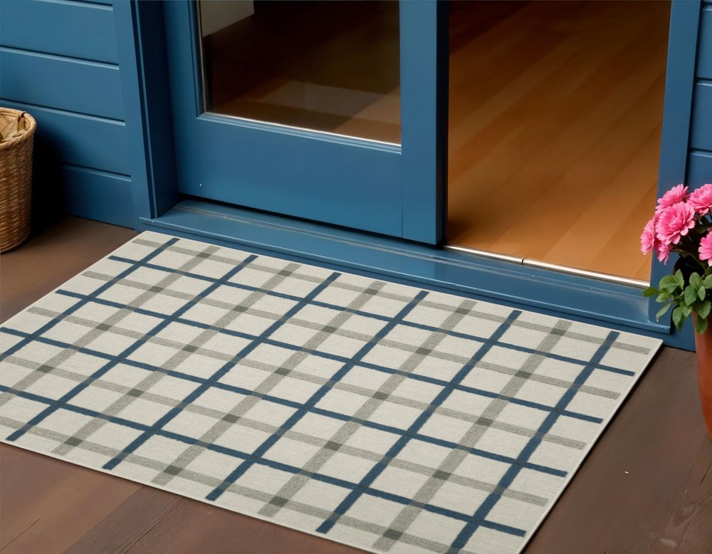 3' X 5' Blue and Beige Geometric Stain Resistant Indoor Outdoor Area Rug