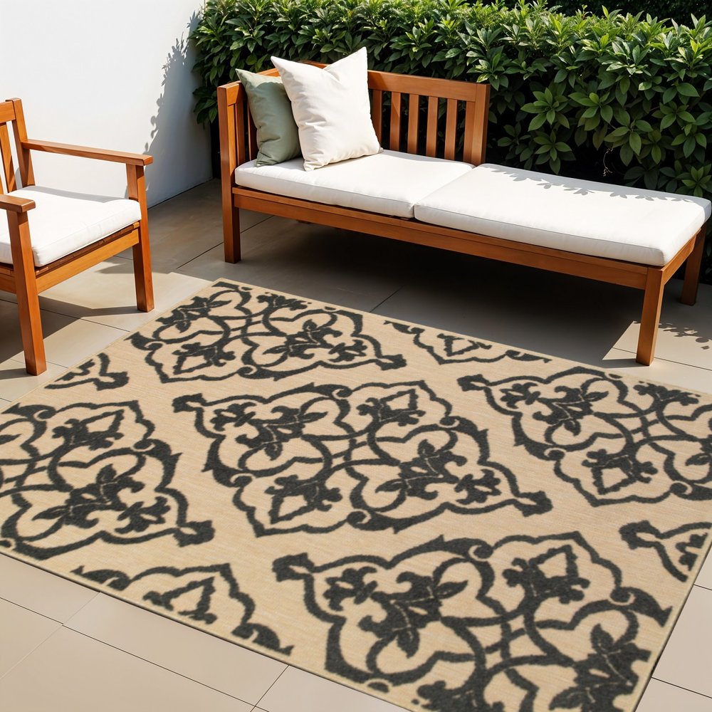 4' X 5' Beige and Black Oriental Stain Resistant Indoor Outdoor Area Rug
