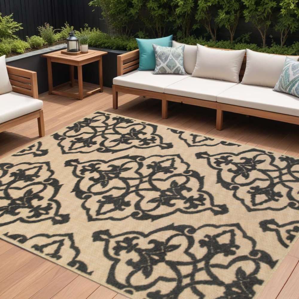 10' X 13' Beige and Black Oriental Stain Resistant Indoor Outdoor Area Rug