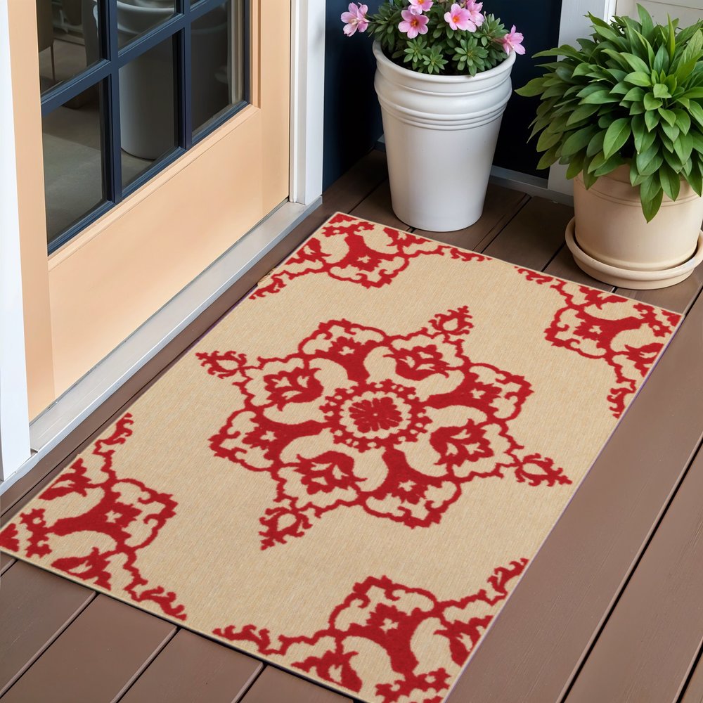 2' X 3' Red Oriental Stain Resistant Indoor Outdoor Area Rug