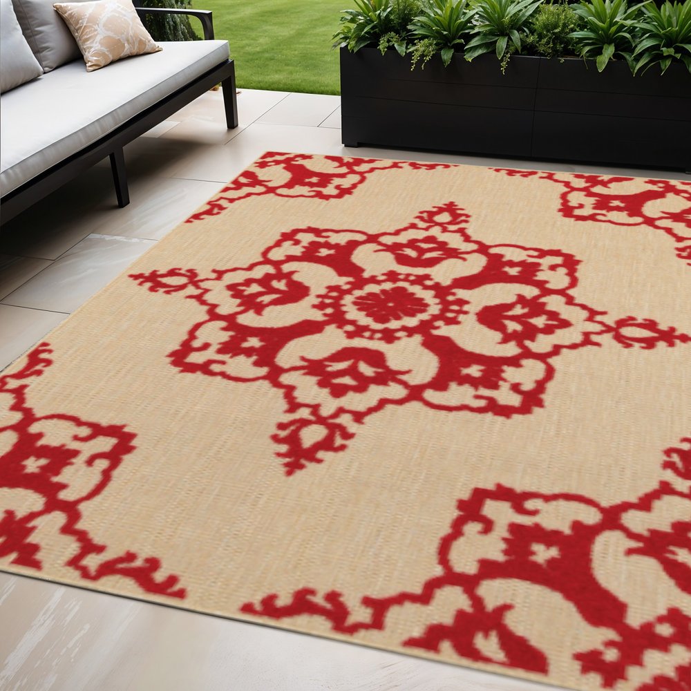 5' X 8' Red Oriental Stain Resistant Indoor Outdoor Area Rug