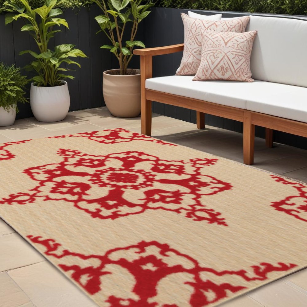 7' X 10' Red Oriental Stain Resistant Indoor Outdoor Area Rug