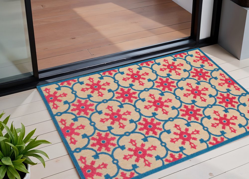 2' X 3' Blue and Beige Oriental Stain Resistant Indoor Outdoor Area Rug