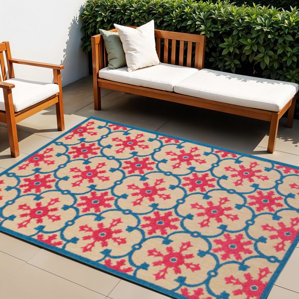 4' X 5' Blue and Beige Oriental Stain Resistant Indoor Outdoor Area Rug