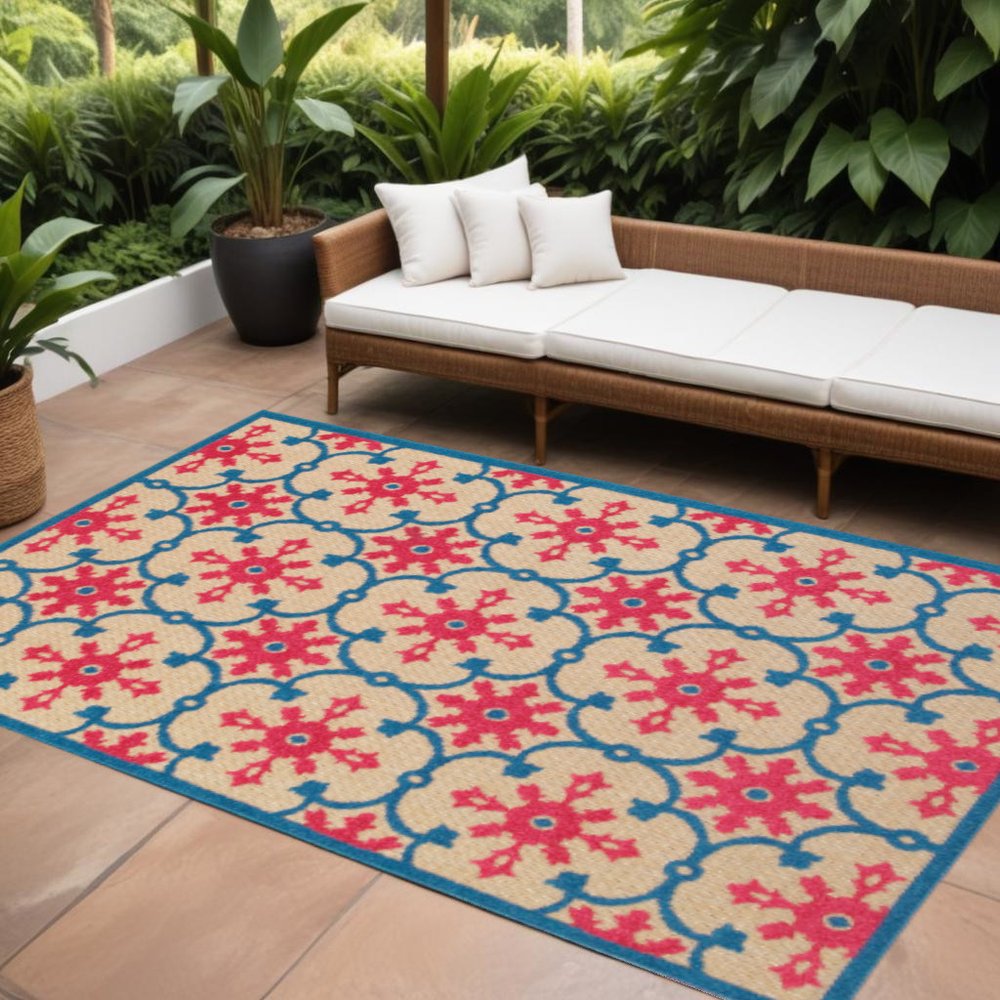 8' X 11' Blue and Beige Oriental Stain Resistant Indoor Outdoor Area Rug
