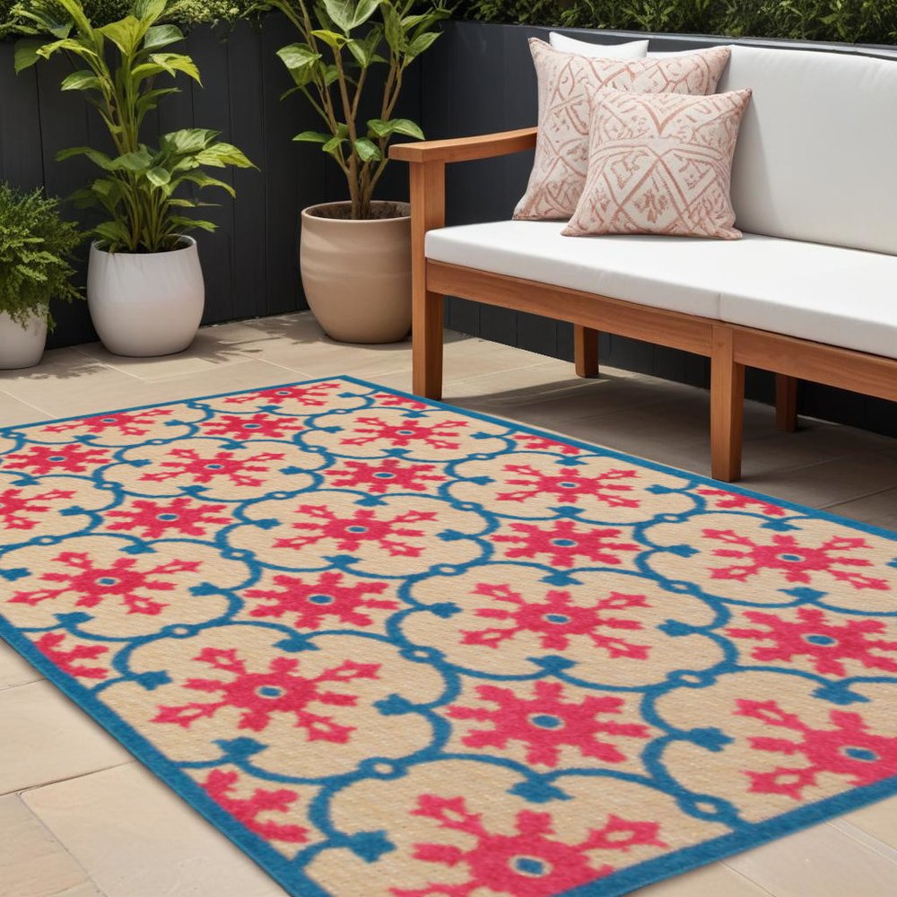 10' X 13' Blue and Beige Oriental Stain Resistant Indoor Outdoor Area Rug