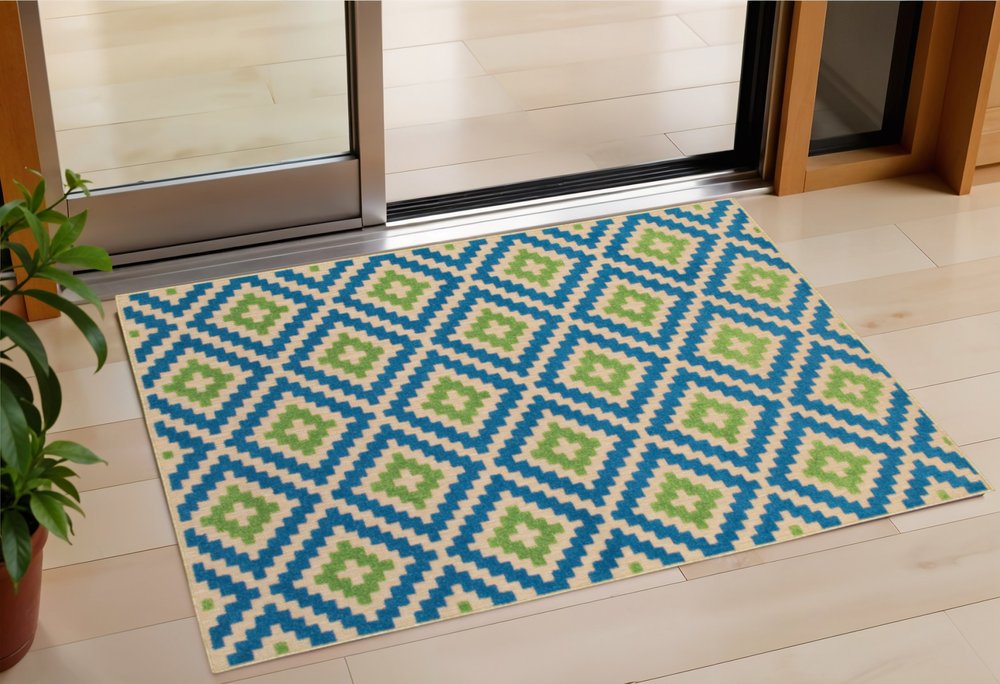 2' X 3' Blue and Beige Geometric Stain Resistant Indoor Outdoor Area Rug