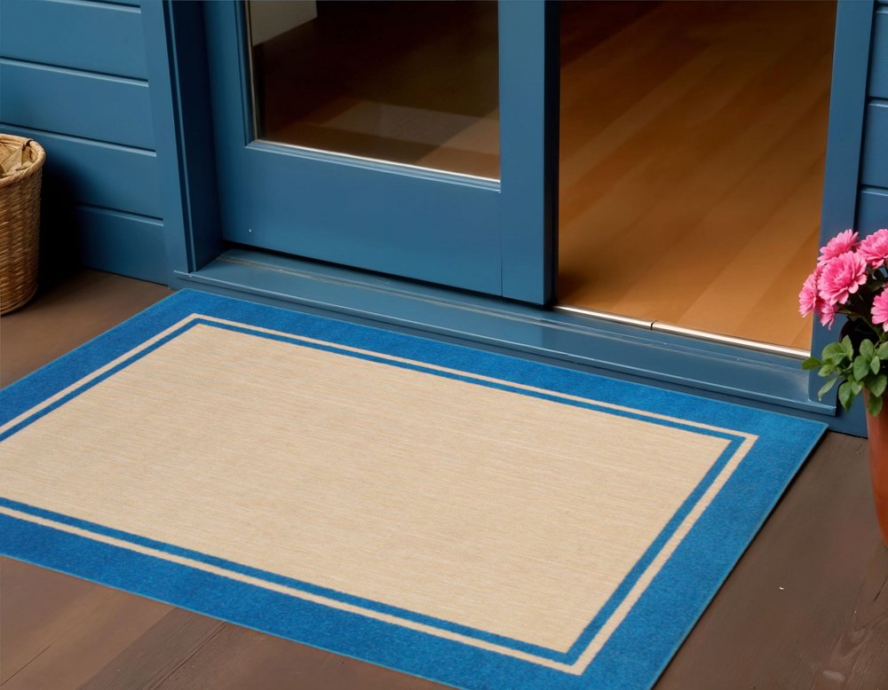 2' X 3' Blue and Beige Stain Resistant Indoor Outdoor Area Rug