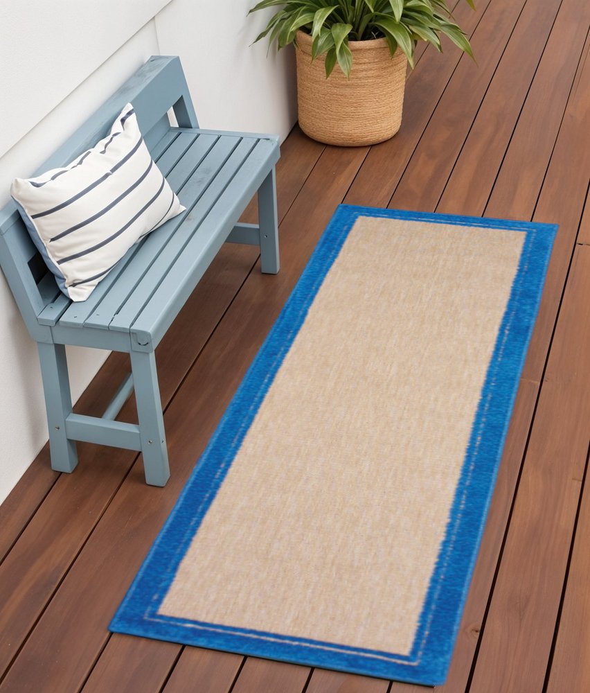 2' X 8' Blue and Beige Stain Resistant Indoor Outdoor Area Rug