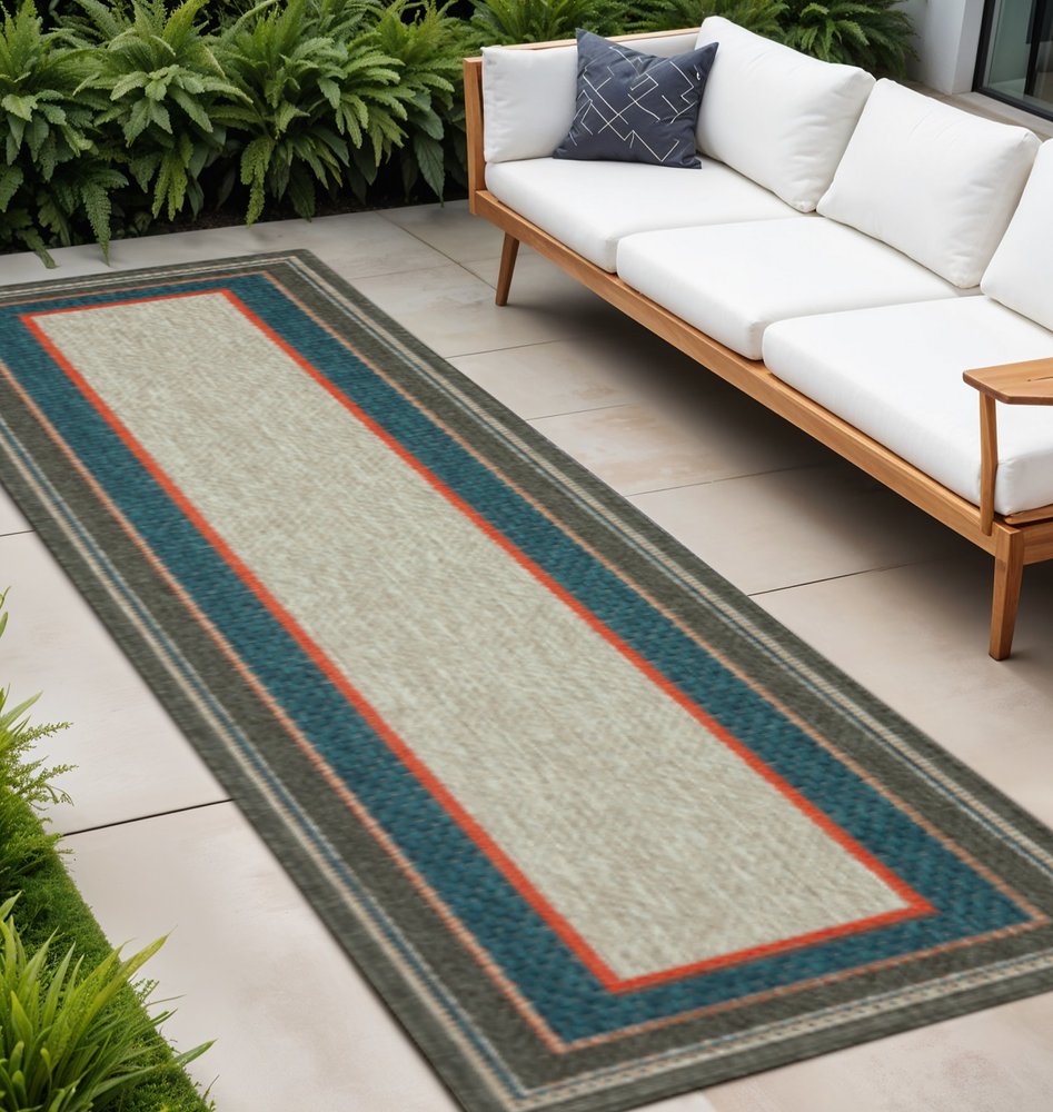 2' X 8' Blue and Gray Stain Resistant Indoor Outdoor Area Rug