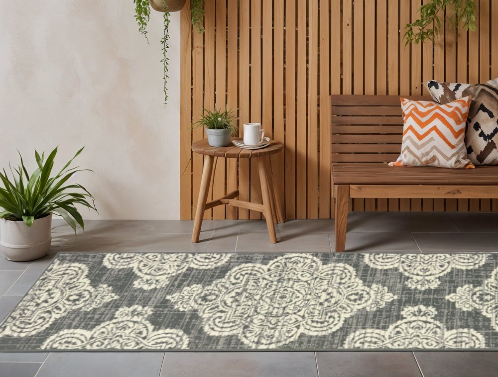 2' X 8' Gray and Ivory Oriental Stain Resistant Indoor Outdoor Area Rug