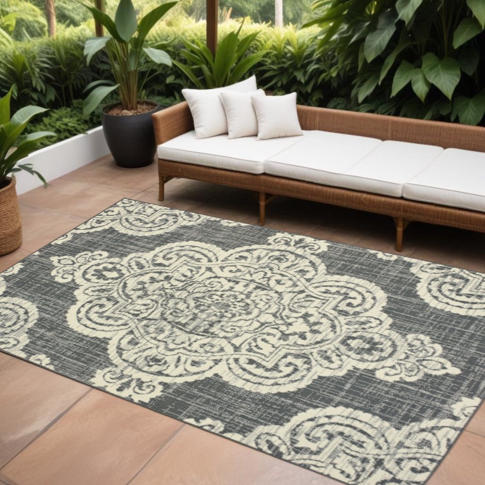 7' X 10' Gray and Ivory Oriental Stain Resistant Indoor Outdoor Area Rug