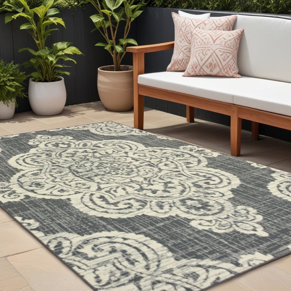 8' X 11' Gray and Ivory Oriental Stain Resistant Indoor Outdoor Area Rug