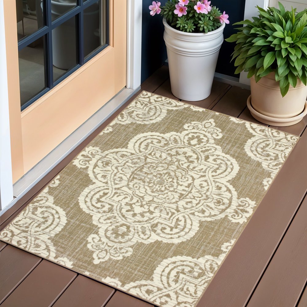 2' X 4' Tan Oriental Stain Resistant Indoor Outdoor Area Rug
