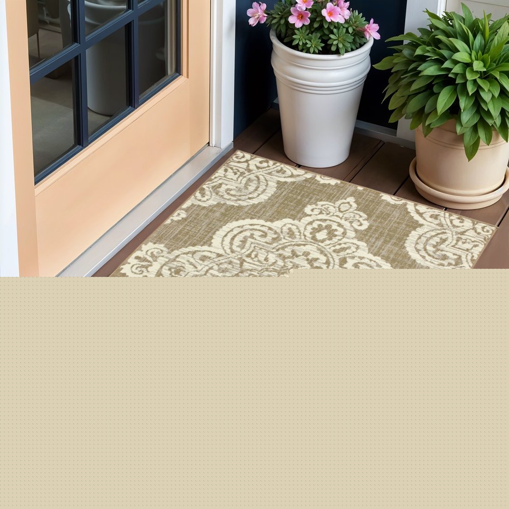 2' X 4' Tan Oriental Stain Resistant Indoor Outdoor Area Rug