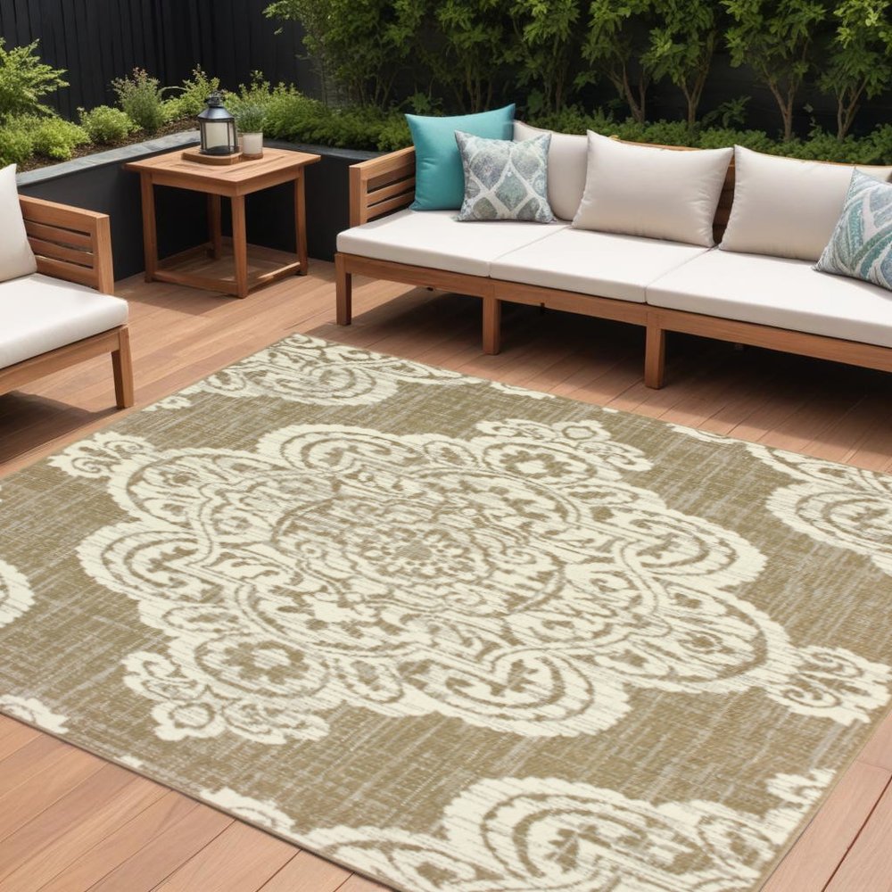 9' X 13' Tan Oriental Stain Resistant Indoor Outdoor Area Rug