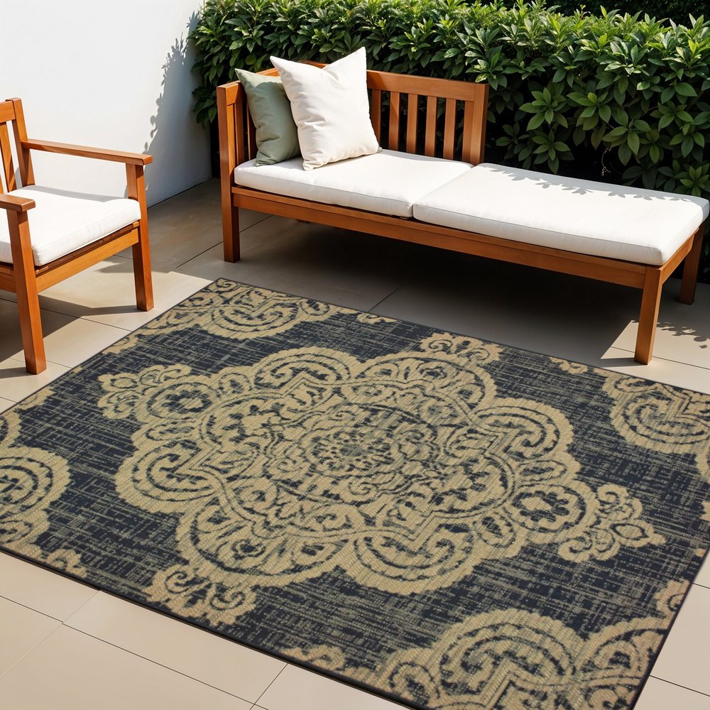 4' X 6' Black and Tan Oriental Stain Resistant Indoor Outdoor Area Rug