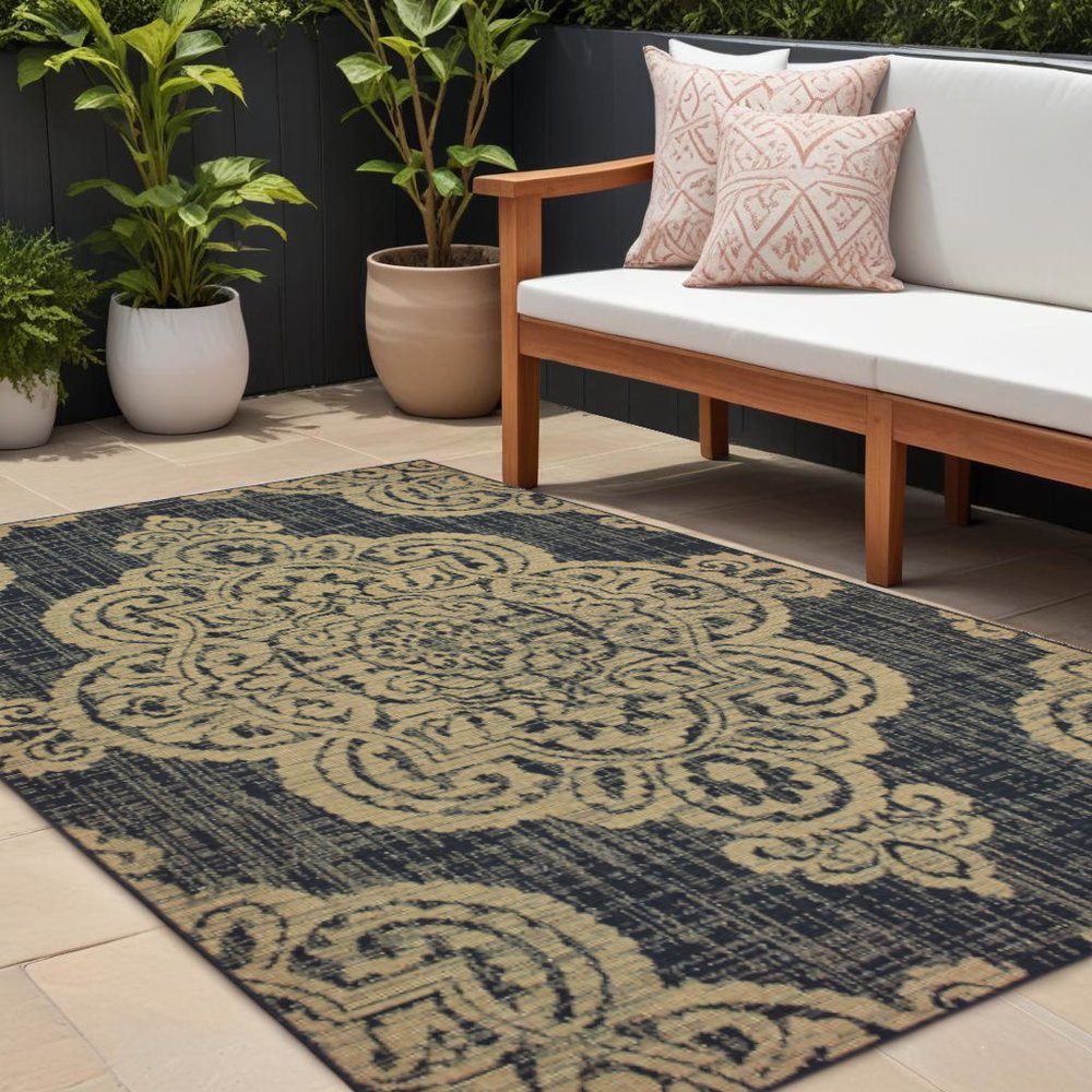 8' X 11' Black and Tan Oriental Stain Resistant Indoor Outdoor Area Rug