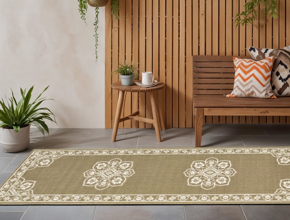 2' X 8' Tan Oriental Stain Resistant Indoor Outdoor Area Rug