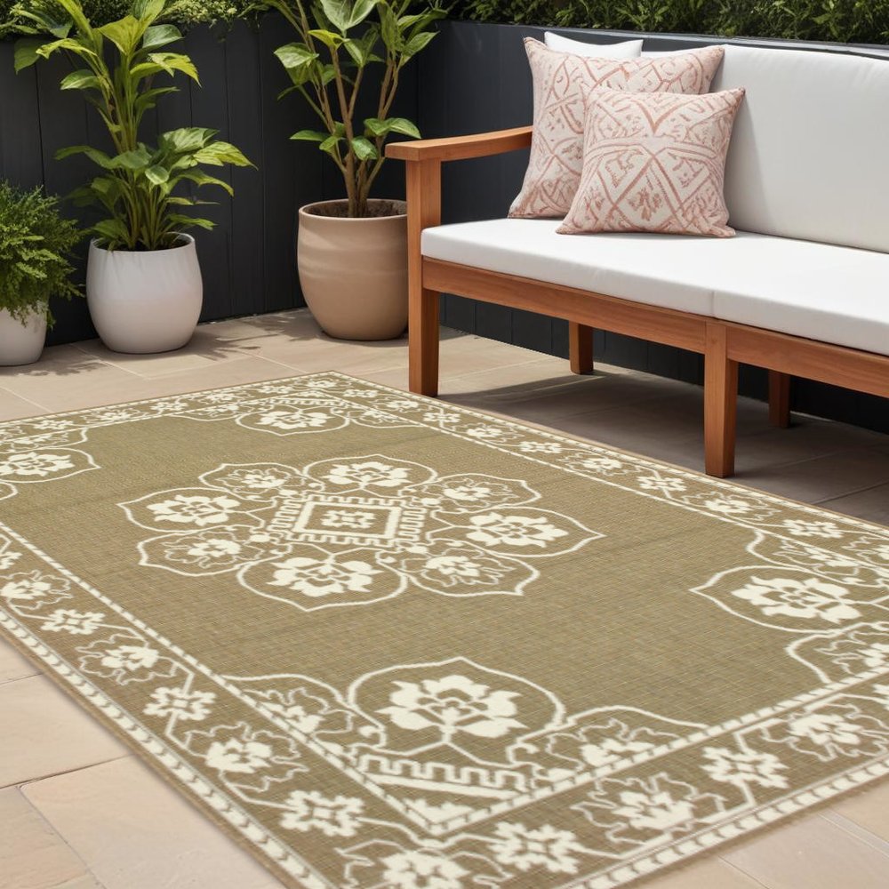 8' X 11' Tan Oriental Stain Resistant Indoor Outdoor Area Rug