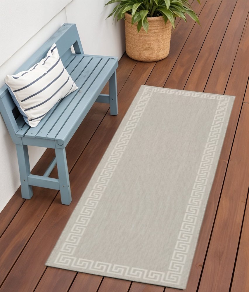 2' X 7' Gray and Ivory Stain Resistant Indoor Outdoor Area Rug