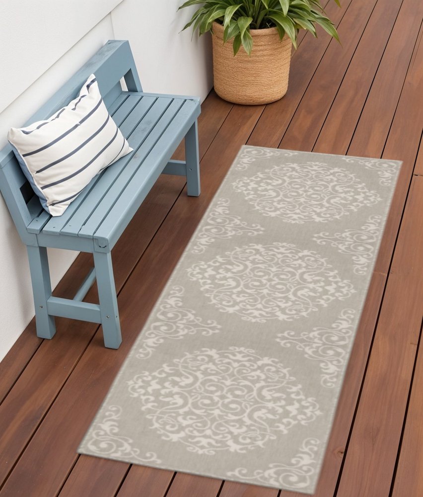 2' X 7' Gray and Ivory Oriental Stain Resistant Indoor Outdoor Area Rug