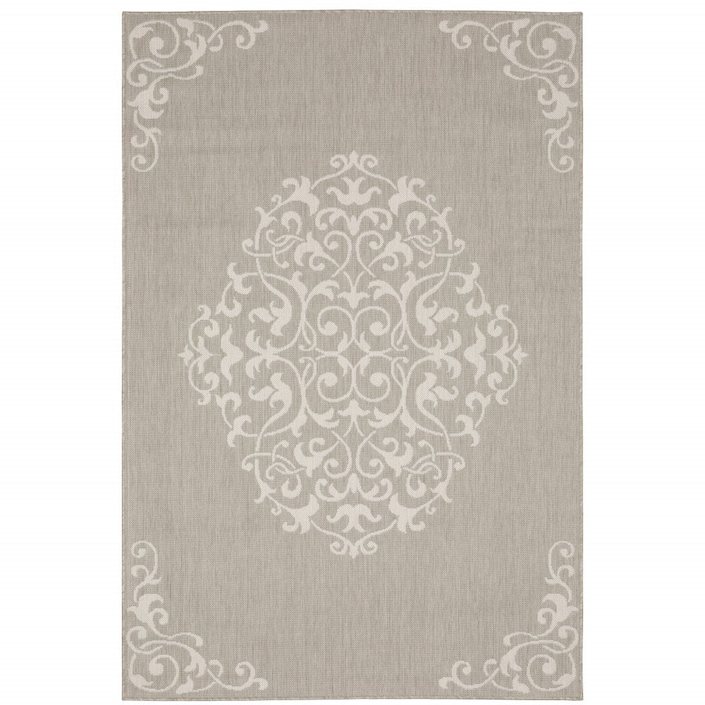 7' X 9' Gray and Ivory Oriental Stain Resistant Indoor Outdoor Area Rug
