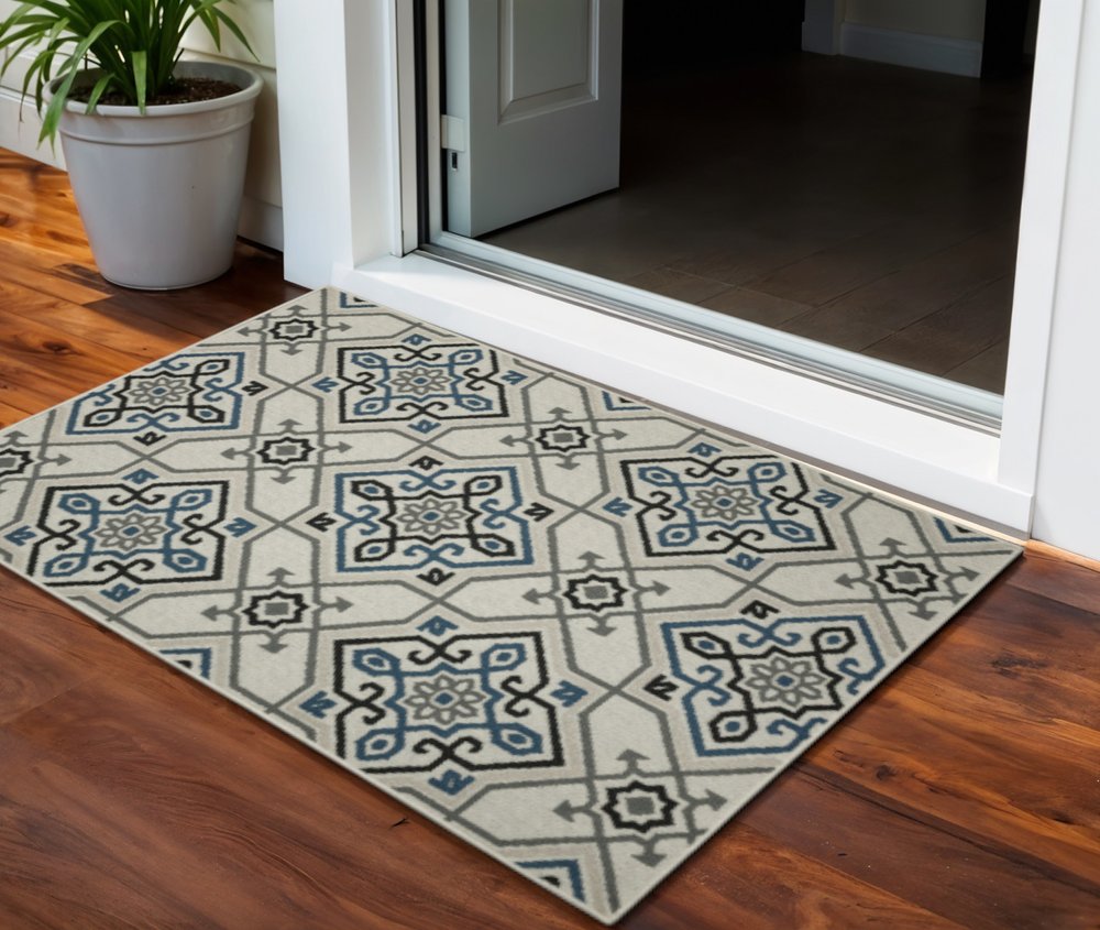 2' X 4' Blue and Beige Oriental Stain Resistant Indoor Outdoor Area Rug