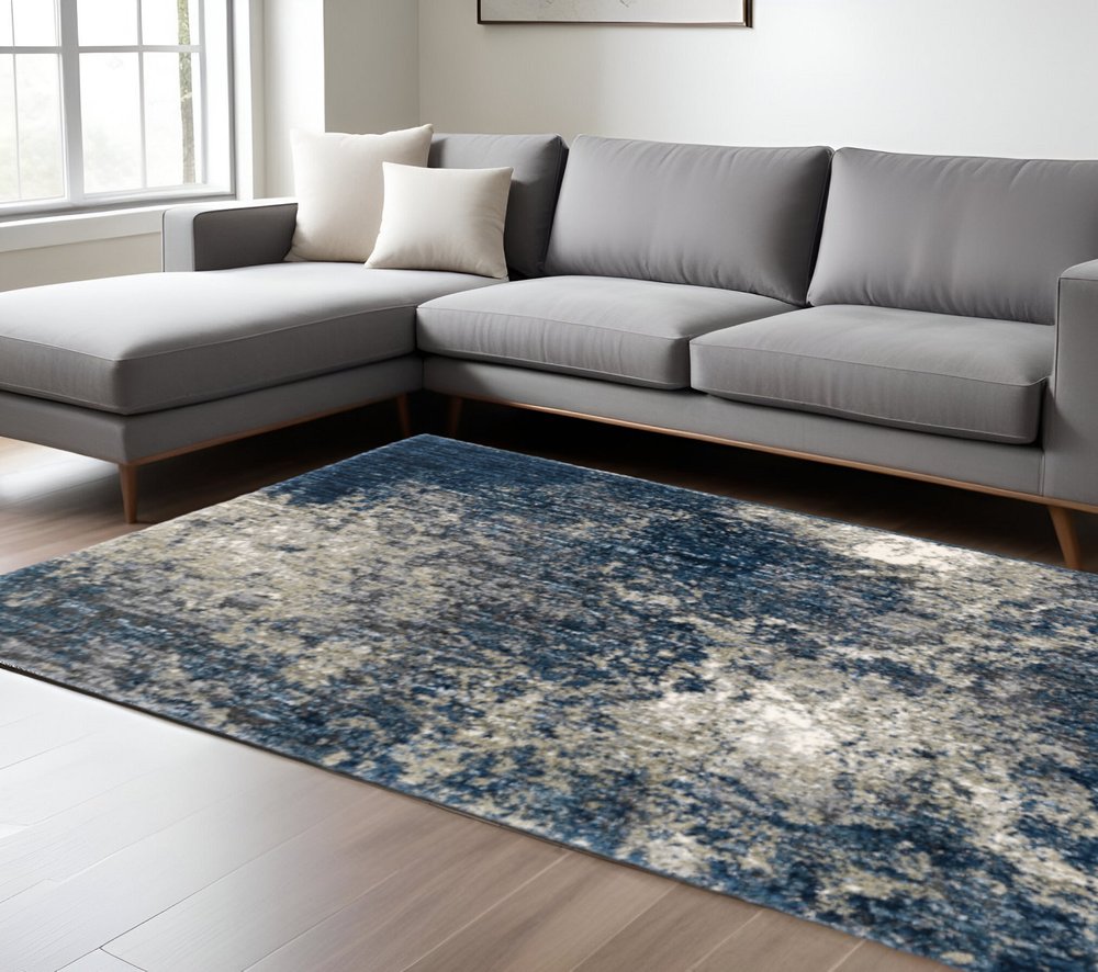10' X 13' Blue And Grey Abstract Shag Power Loom Stain Resistant Area Rug