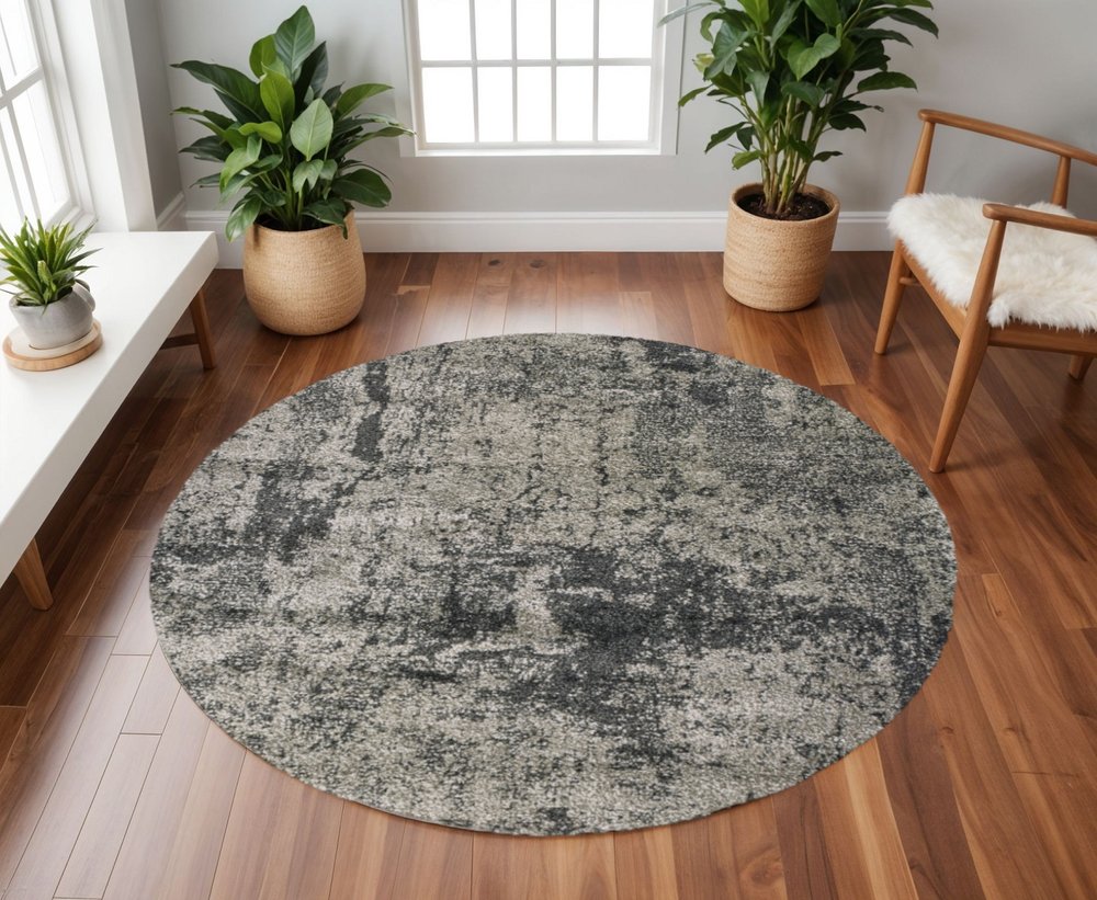 8' Grey Round Abstract Power Loom Stain Resistant Area Rug