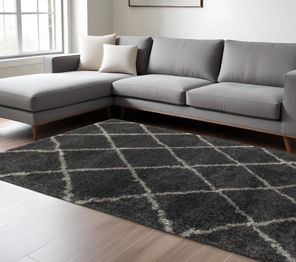 10' X 13' Charcoal And Grey Geometric Shag Power Loom Stain Resistant Area Rug