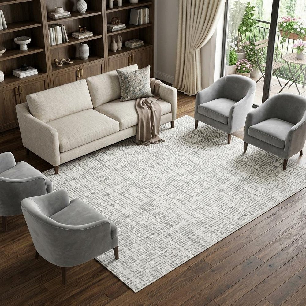7' X 10' White And Gray Abstract Distressed Area Rug