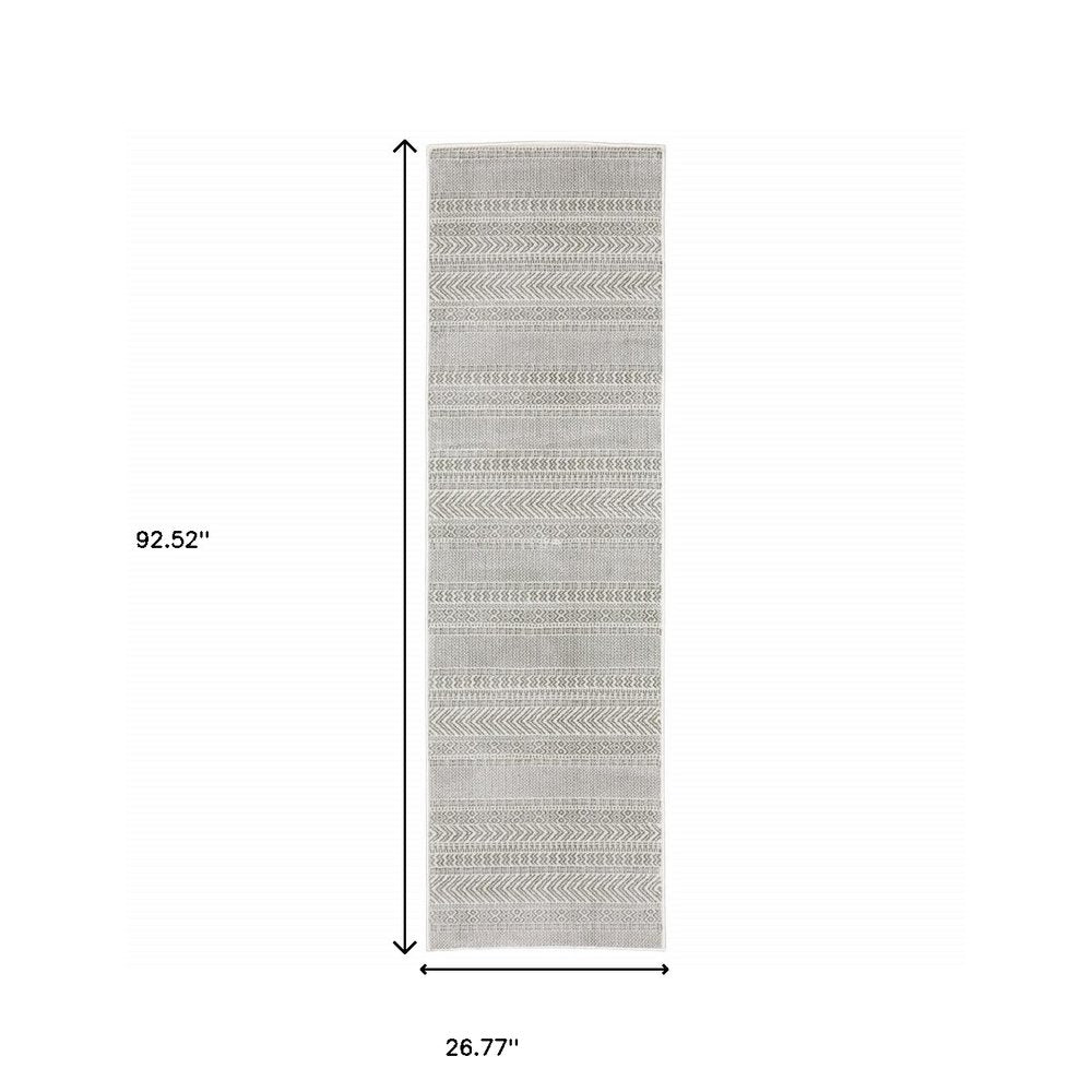 2' X 8' White And Grey Geometric Power Loom Stain Resistant Runner Rug