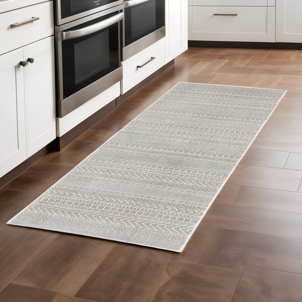 2' X 8' White And Grey Geometric Power Loom Stain Resistant Runner Rug