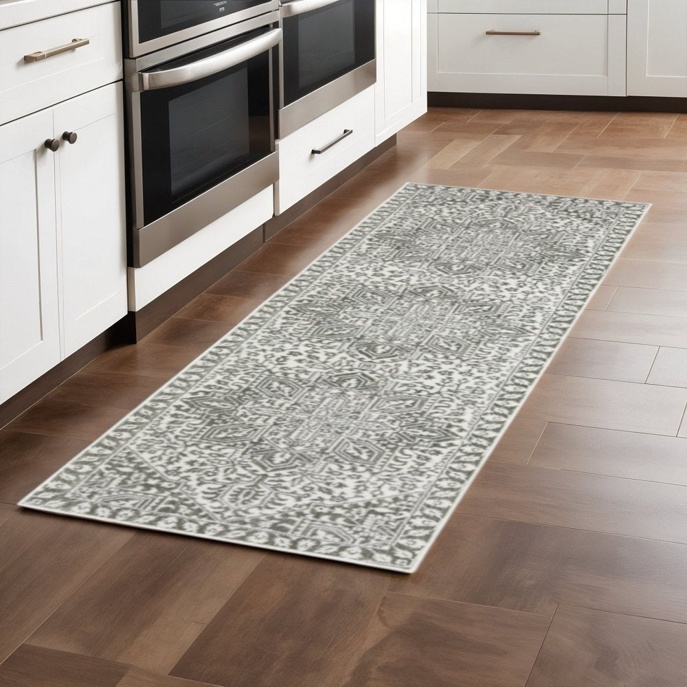 2' X 8' Grey And White Oriental Power Loom Stain Resistant Runner Rug