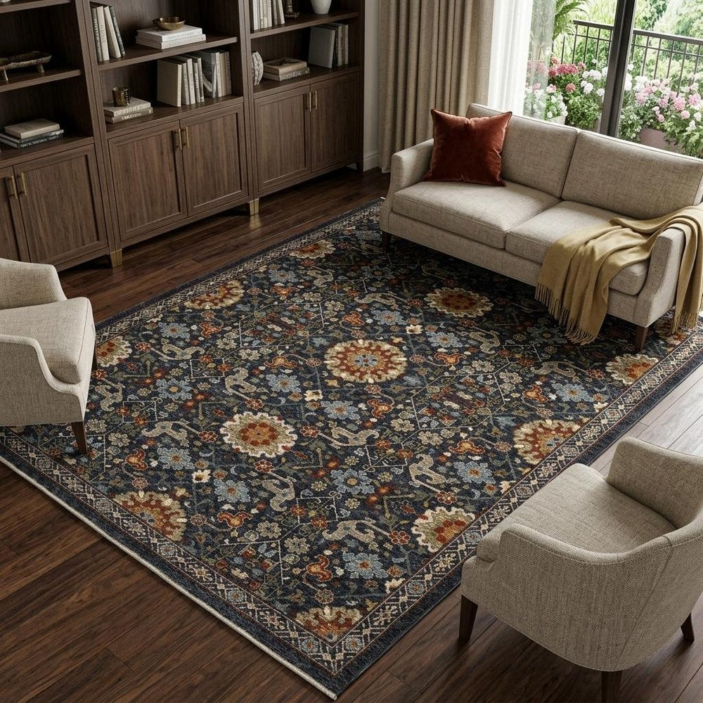 7' X 10' Blue Ivory And Red Oriental Area Rug With Fringe