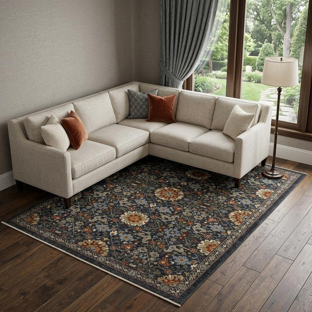 8' X 11' Blue Ivory And Red Oriental Area Rug With Fringe