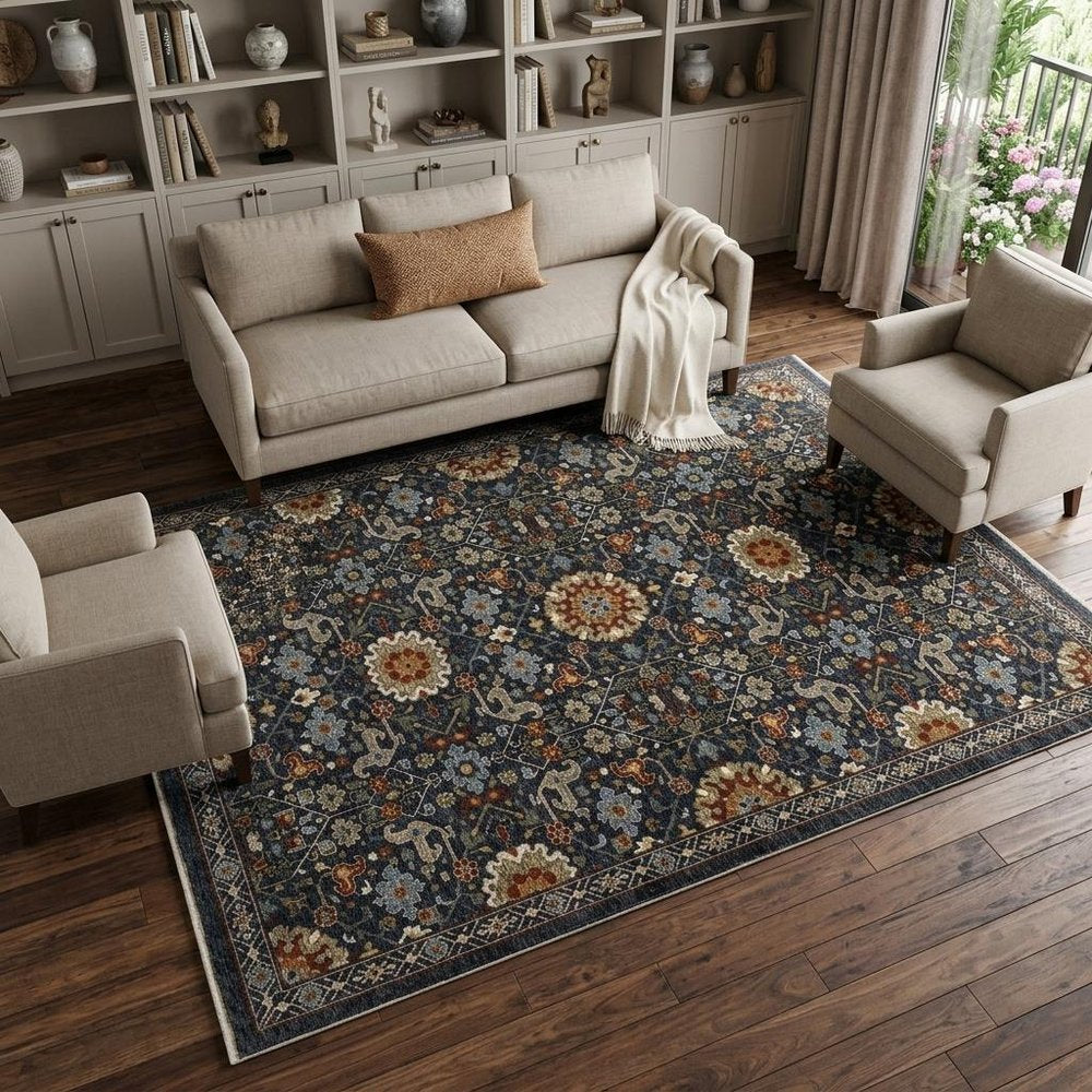 8' X 11' Blue Ivory And Red Oriental Area Rug With Fringe