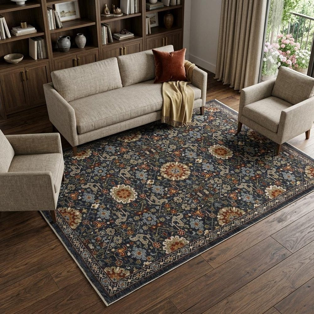 8' X 11' Blue Ivory And Red Oriental Area Rug With Fringe
